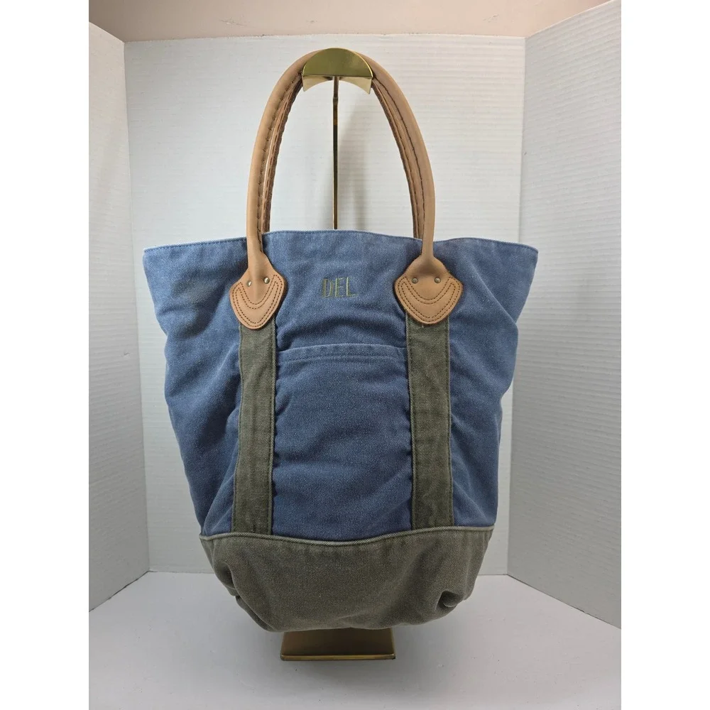 LL Bean Canvas Tote Bag Blue Olive Green Leather Handles Plaid Lining Monogram - Picture 1 of 6